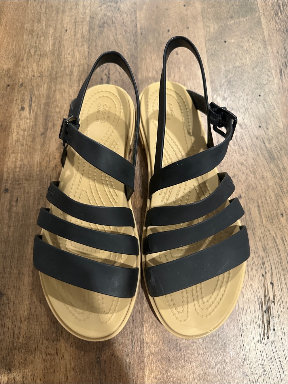 Crocs Women’s Black Multi-Strap Sandals with Tan Footbed Size 8